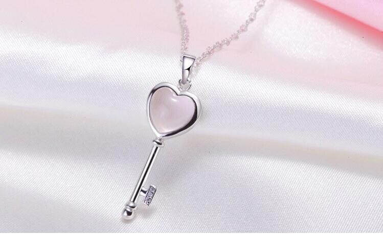 Nowy przyjazd moda miłość serce klucz różowy opal klejnot kamień 925 srebro panie wisiorek naszyjniki biżuteria prezent boże narodzenie