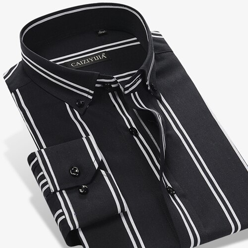 England Style Men's Button-down Striped Dress Shirts Pocket-less Long Sleeve Casual Standard-fit Cotton Shirt: Black / 43