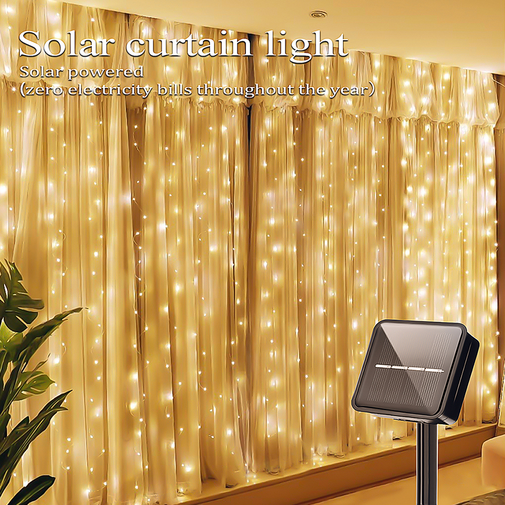 Cortina de luces alimentada por energía Solar para exteriores, guirnalda de luces impermeables de 300LED para jardín, patio, pabellón, guirnalda de luces, decoración navideña: Color blanco cálido / 6-10 W