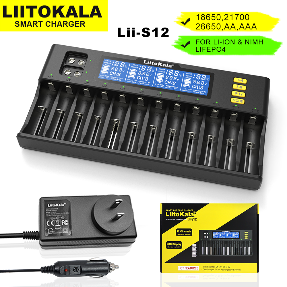Liitokala lii -s8 s12 akkulaturi 9v li-ion 3.7v nimh 1.2v li-fepo 4 3.2v 3.8v 18650 26650 21700 26700 16340 18350 aa aaa: Suikale