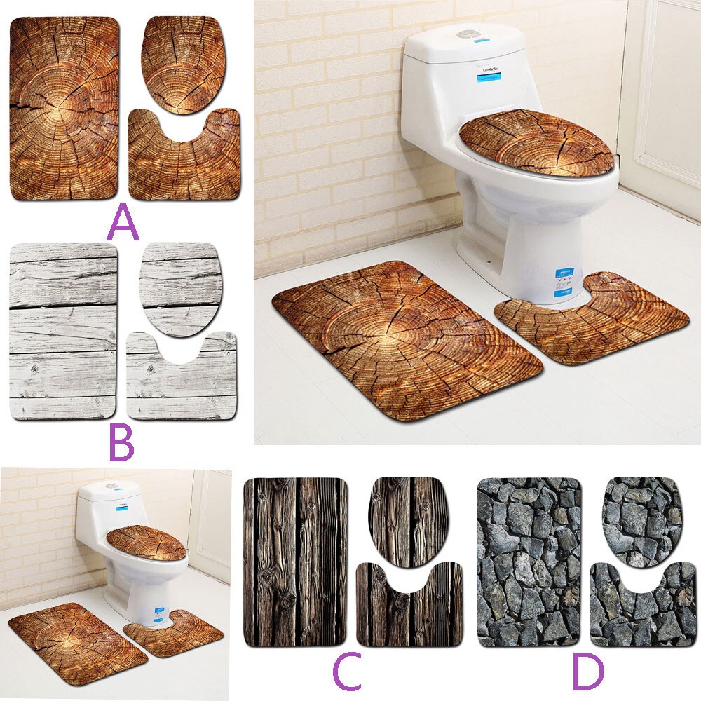 Alfombrilla de baño antideslizante con de madera creativa, juego de decoración para el baño, 3 uds., poliéster, moderno, Aug6