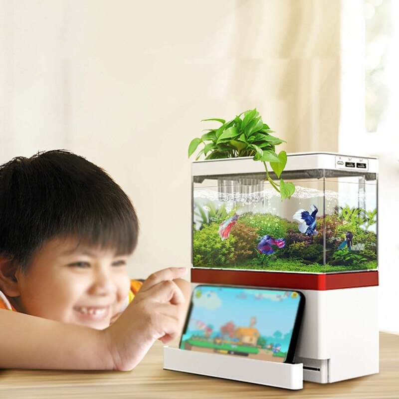 Petit aquarium de poisson rouge silencieux, décor de maison avec support pour téléphone et Pad