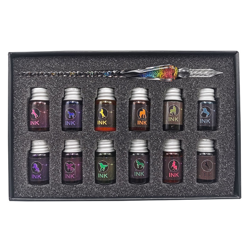 1 Dip Pen Plus 12 Flessen Kleur Inkt Briefpapier Set Glazen Pen Student Briefpapier Schrijven Levert Schilderen Pen doos