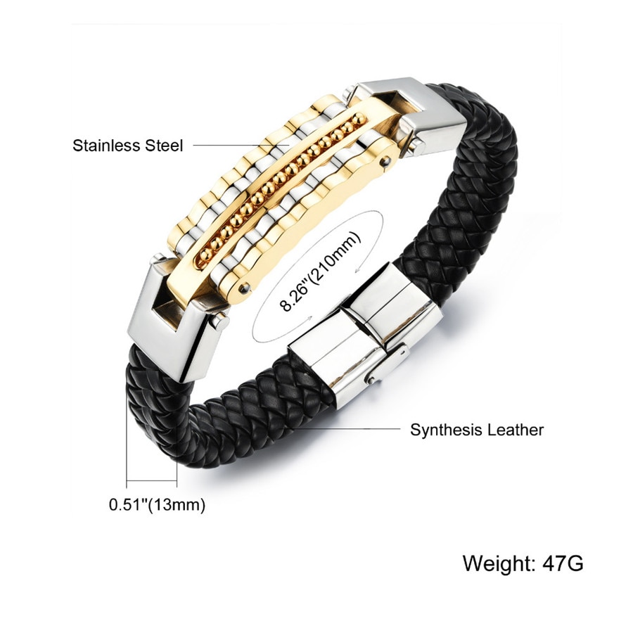 Xqni svart skinn armbånd herre sjarm armbånd rustfritt stål menn smykker rock chunky skinn herre armbånd