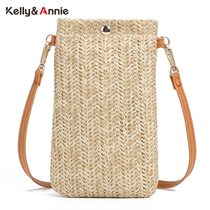 Stro Geweven Kleine Telefoon Tas Handgemaakte Rushwork Dames Schouder Crossbody Messenger Bags Weven Zomer Strand Vrouwelijke Mini Purse