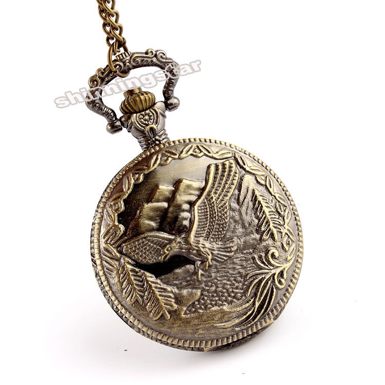 Brons Vintage Eagle fob horloges Hanger Ketting Quartz zakhorloge Mens Womens Relogio De Bolso