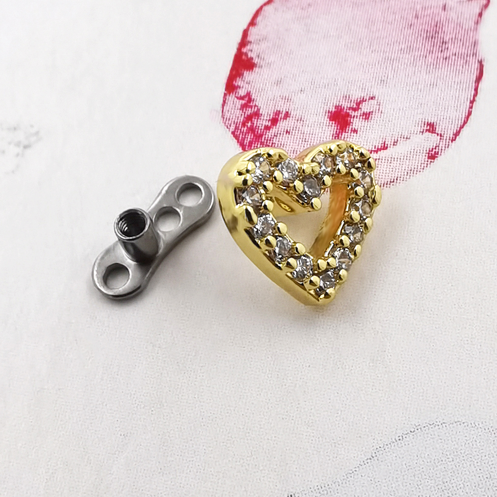 JHJT 1PC Heart Dermal Anchor Top with Titanium Base Micro Dermal Piercings CZ Skin Diver Surface Implants Sexy Jewelry