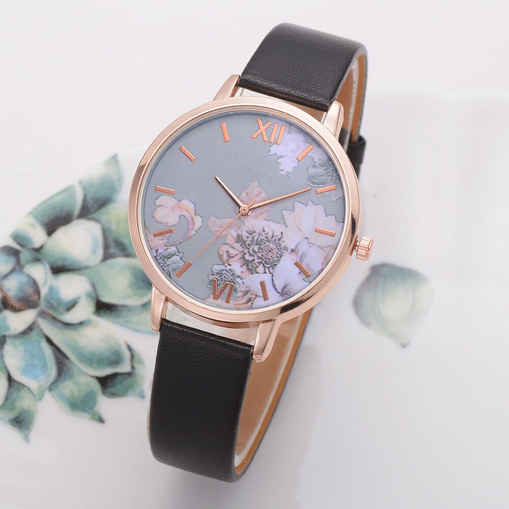 1 Pc Dames Horloges Vrouwen Gedrukt Bloem Polshorloge Luxe Casual Quartz Lederen Polshorloge Mode Vrouwelijke Jurk Klok: Black