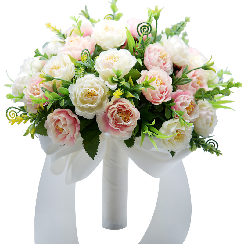 Janevini lichtpaars kunstmatig pioenroos bruidsboeket met lint en zijden bloemen, bruidsboeket met parels en broche: Lichtroze