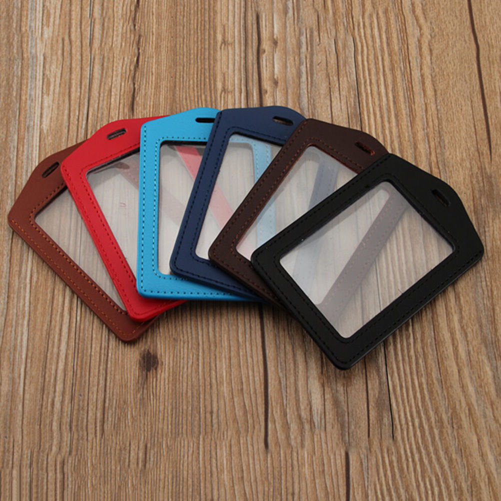 ID PU Leather Card Holders Horizontal Vertical Style Badge Case Clear with Color Border and Lanyard Holes School Stationery