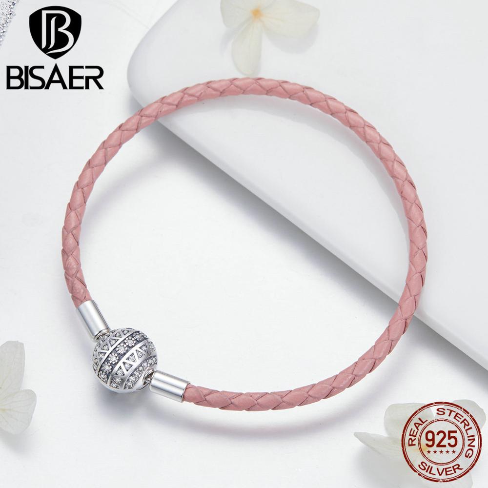 BISAER-Bracelets en cuir CZ clair 925 en argent Sterling Bracelets pour femme, bijoux en argent rose, ECB114