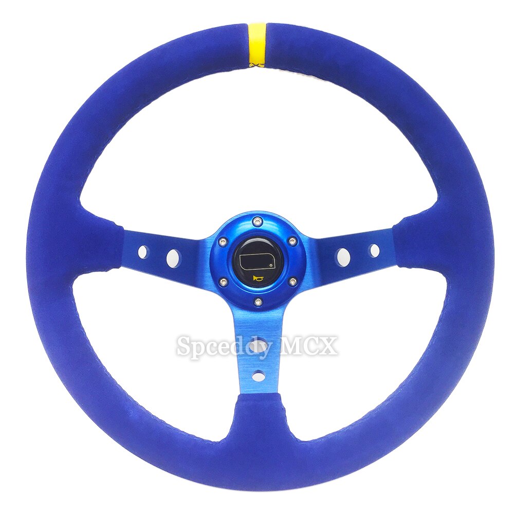 Om-sports-Volante de 14 pulgadas de cuero de ante para coche, volante con bocina, 6 agujeros, color negro y azul, 350mm: 1