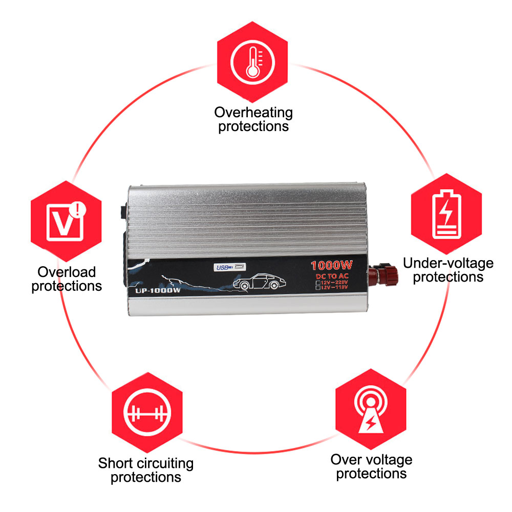 Elektronischer Spannungswandler 1000 W für Auto, Zuhause, Laptop, LKW, 12 V bis 110 V, 220 V, reiner Sinuswellen-Wechselrichter