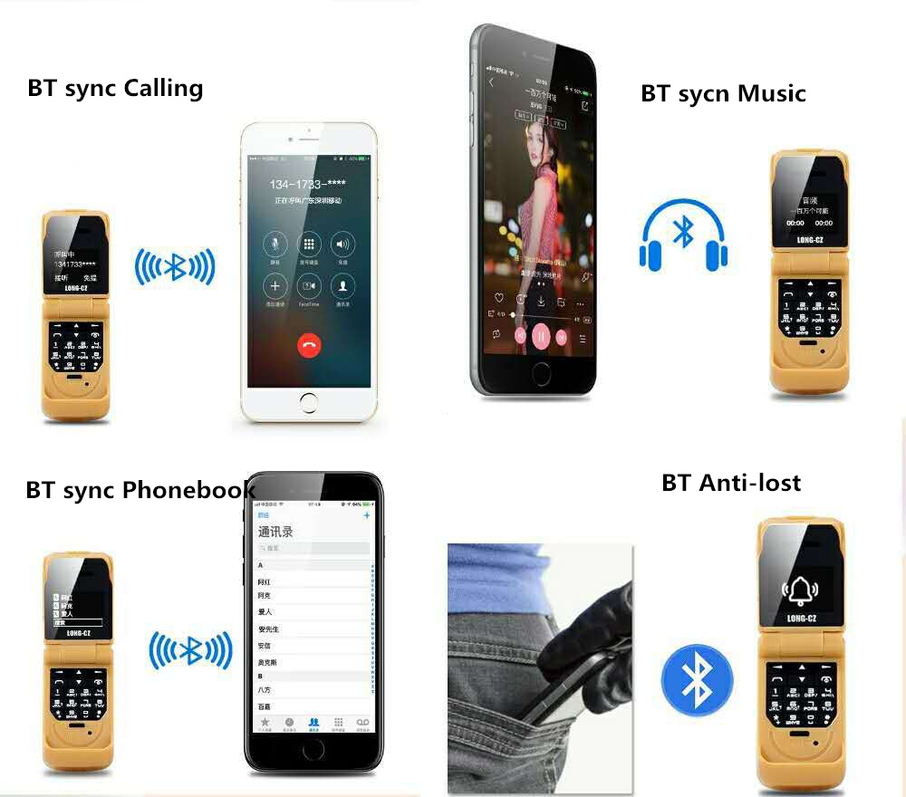 Mini  j9 flip mobiltelefon 0.66 "mindste mobiltelefon trådløs bluetooth dialer fm magisk voicerussian sprog