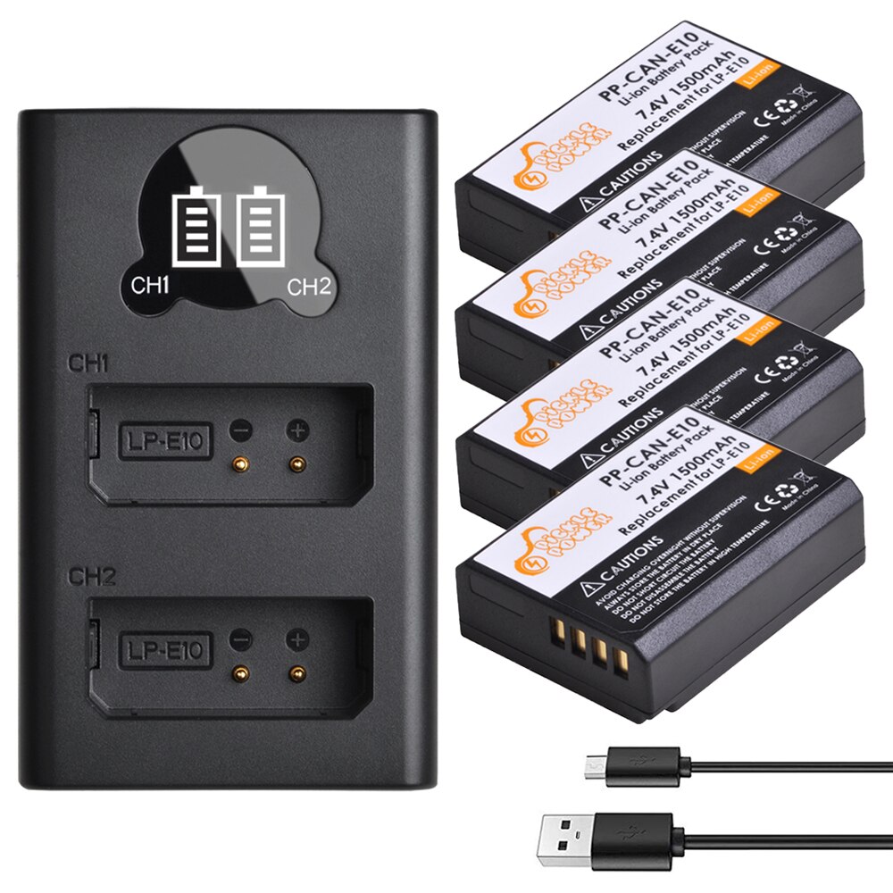 2 uds LP-E10 LP E10 LPE10 de batería de la cámara y Cargador USB LED para Canon 1100D 1200D 1300D 2000D beso X50 X70 rebelde T3 T5.: Charger and 4Battery