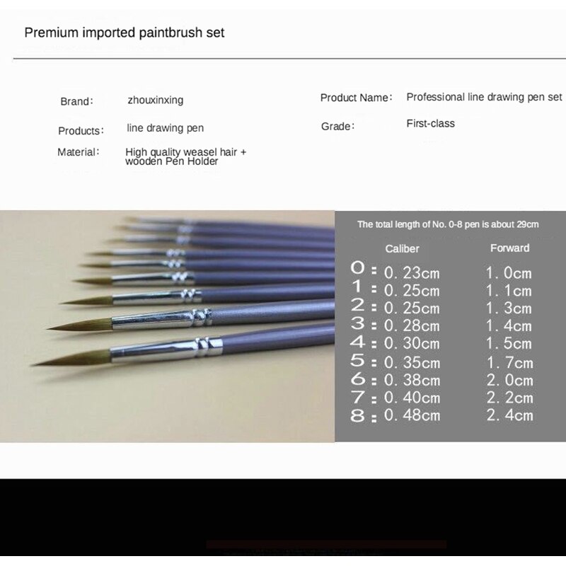 Pinceaux en poil de belette pour dessiner des lignes, lot de 9 brosses et accessoire de peinture à l&#39;huile, aquarelle et gouache très fin, avec un bouleau argenté de durable, matériel artistique