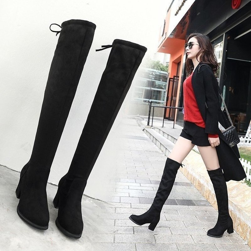 Botas de invierno de piel cálida para mujer, botas de plataforma de Lycra elásticas ajustadas hasta la rodilla, zapatos de Botas Largas por encima de la rodilla,