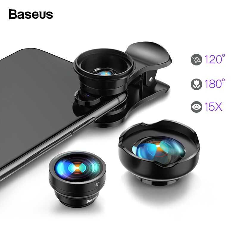 Baseus Mobile Phone Lens Wide Angle Fish eye Fisheye 15X Macro Camera Lens For iPhone Xs Max Xr X Samsung S10 S9 Huawei P30 Pro