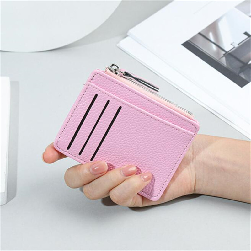 Mini ID Card Holders Bags Men/Women Business Credit Card Holder PU Leather Slim Bank Card Case Organizer Wallet Zipper: Pink