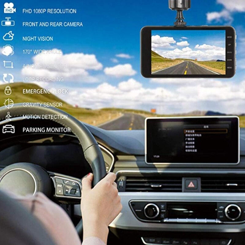 Dubbele dashcam voor en achter  hd 1080p 4 dashboardcamera, volledige  hd 170 ° groothoek achteruitrijcamera met g-sensor parkeersensor