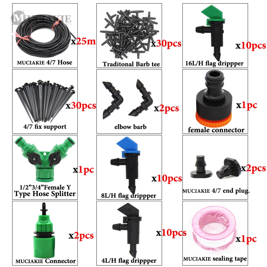 MUCIAKIE 25m 1 Set Garden Watering System Kit Automatic Micro Drip Irrigation for Home Garden Yard Flowers Plants Tree Vegetable