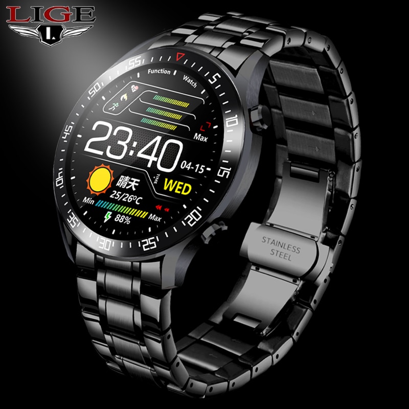 Luik Stalen Band Kleur Screen Smart Horloge Mannen Multifunctionele Sport Hartslag Bloeddruk IP68 Waterdichte Smartwatch