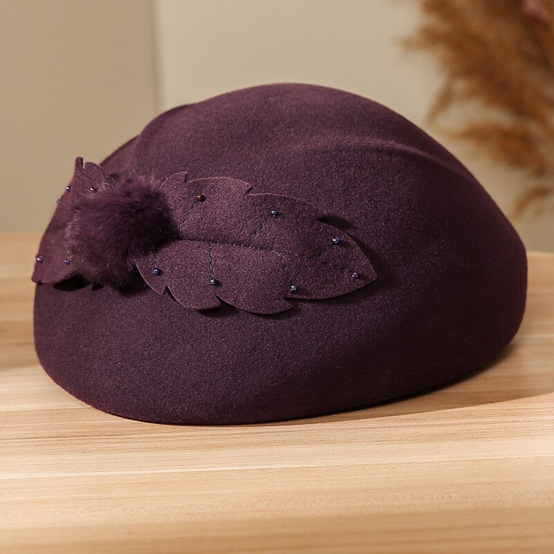 Sombreros tiroleses de mujer elegantes y femeninos, sombreros de fieltro a la de invierno para mujer, gorros de fieltro con flores, gorra tipo pastillero, sombreros de lana 100% Australia: Purple