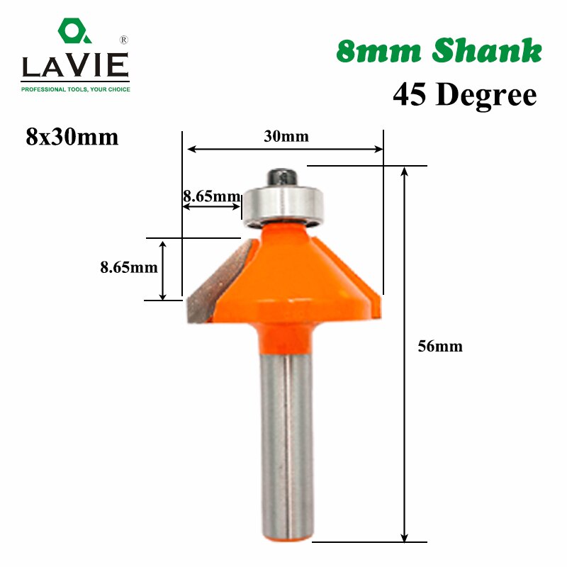 LA VIE 1pc 8mm Shank 45 Degree Chamfer Edge Forming Router Bit Bevel Flush Trim Bit Woodworking Milling Cutter Bits MC02021: 8x30mm