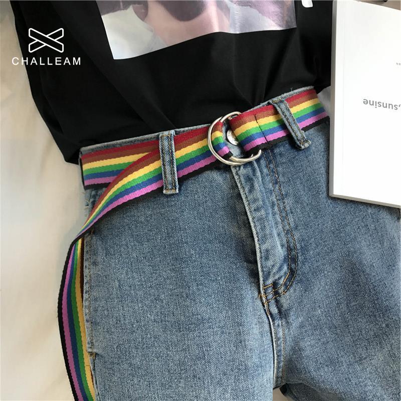 Frauen Leinwand Regenbogen Gürtel Weibliche Bunte Doppel D Ring Schnalle Hosen Jeans Lange Gürtel Damen Schüler gewebte gestreift Gurt 264