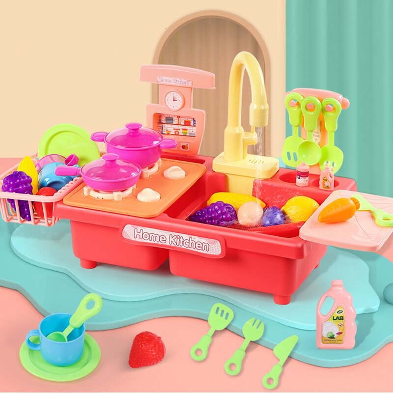 Kitchen Sink Toys Pretend Play Wash Up Kitchen Toys Dishwasher Toys Kitchenware Press Water Faucet & Drain