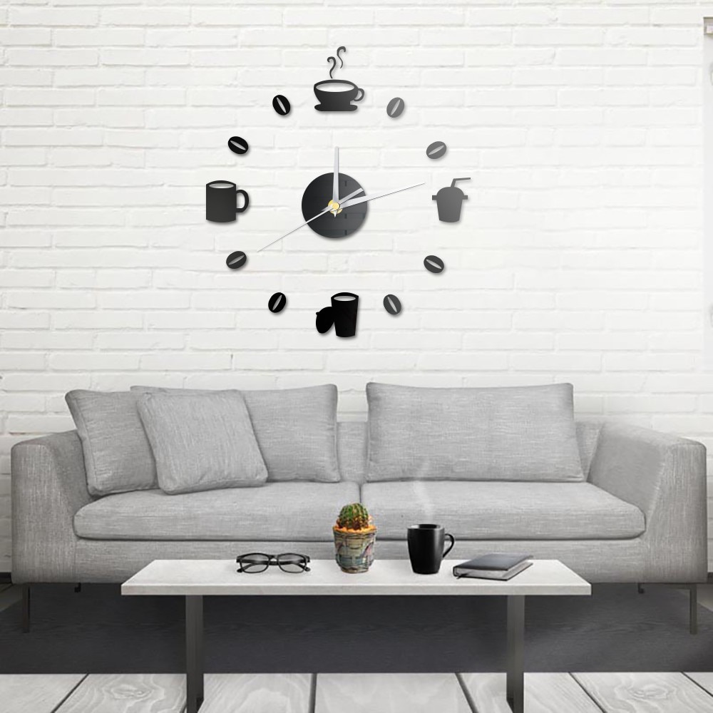 Reloj de pared silencioso para cocina, pegatinas de pared con efecto espejo acrílico, decoración moderna de cuarzo, granos de café, bricolaje