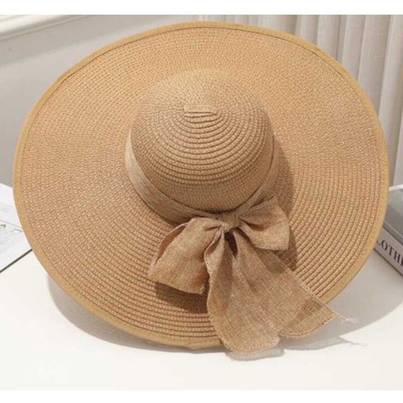 Zomer Panama Hoed Grote Rand Strooien Hoed Floppy Wide Brim Zon Hoeden Strik Strand Opvouwbare Hoeden Caps Voor Vrouwen Chapeu feminino: Khaki
