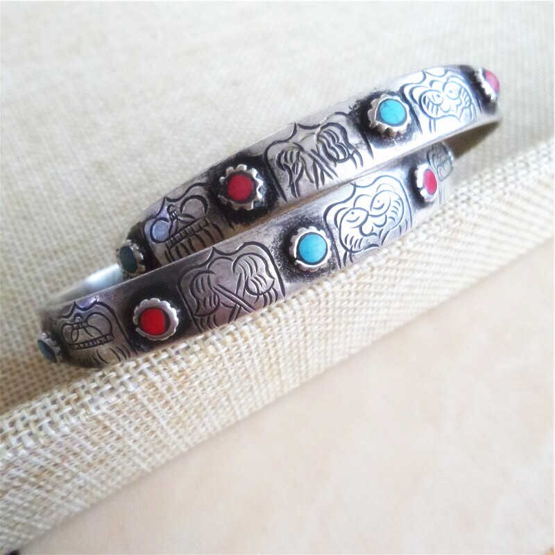 BB-191 Tibetan White Metal Copper Open Cuff Bangle Tibet Babao Eight Auspicious Amulet Bangles