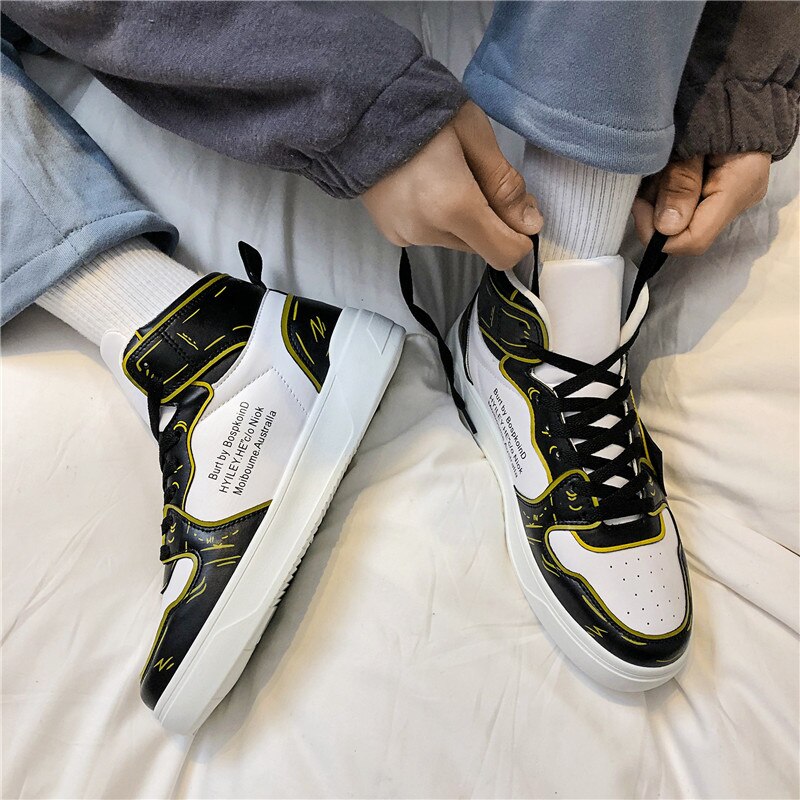 Espadrilles décontractées Chaussure de skateboard pour hommes à lacets, Chaussure de sport, qui respire, élégante, Chaussure de marche avec Graffiti