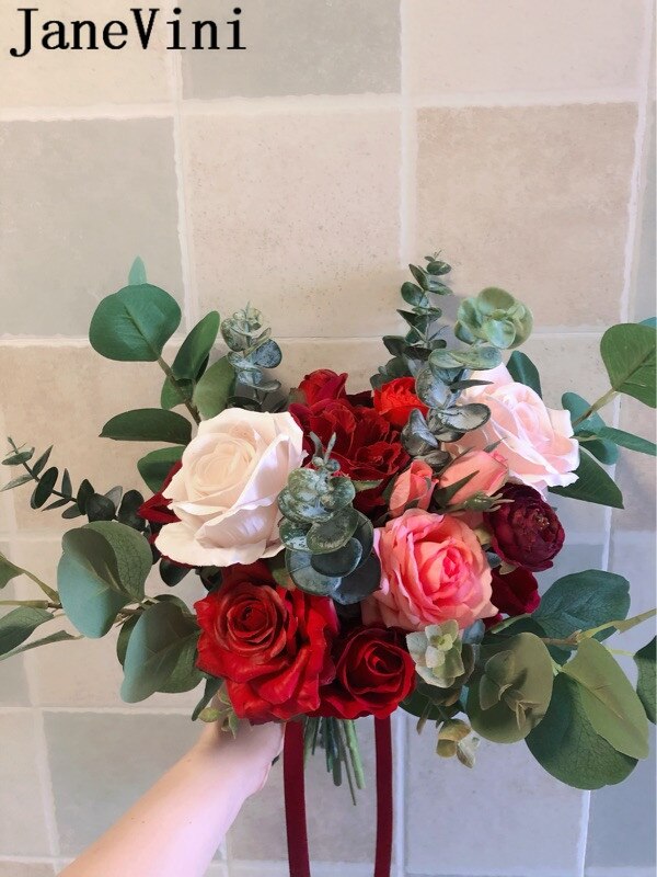 JaneVini Jahrgang rot Rose Hochzeit Strauß Künstliche Braut Mit Blumen Rosa Handgemachte Braut Strauß Griff Zubehör