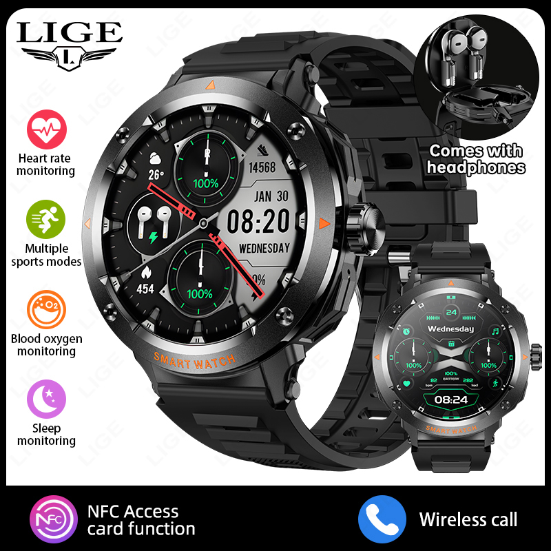 LIGE Nuovo TWS Smart Watch Auricolari incorporati Funzione scheda di accesso Frequenza cardiaca Monitoraggio della salute del sonno Cuffie Riproduzione di musica Smartwatch