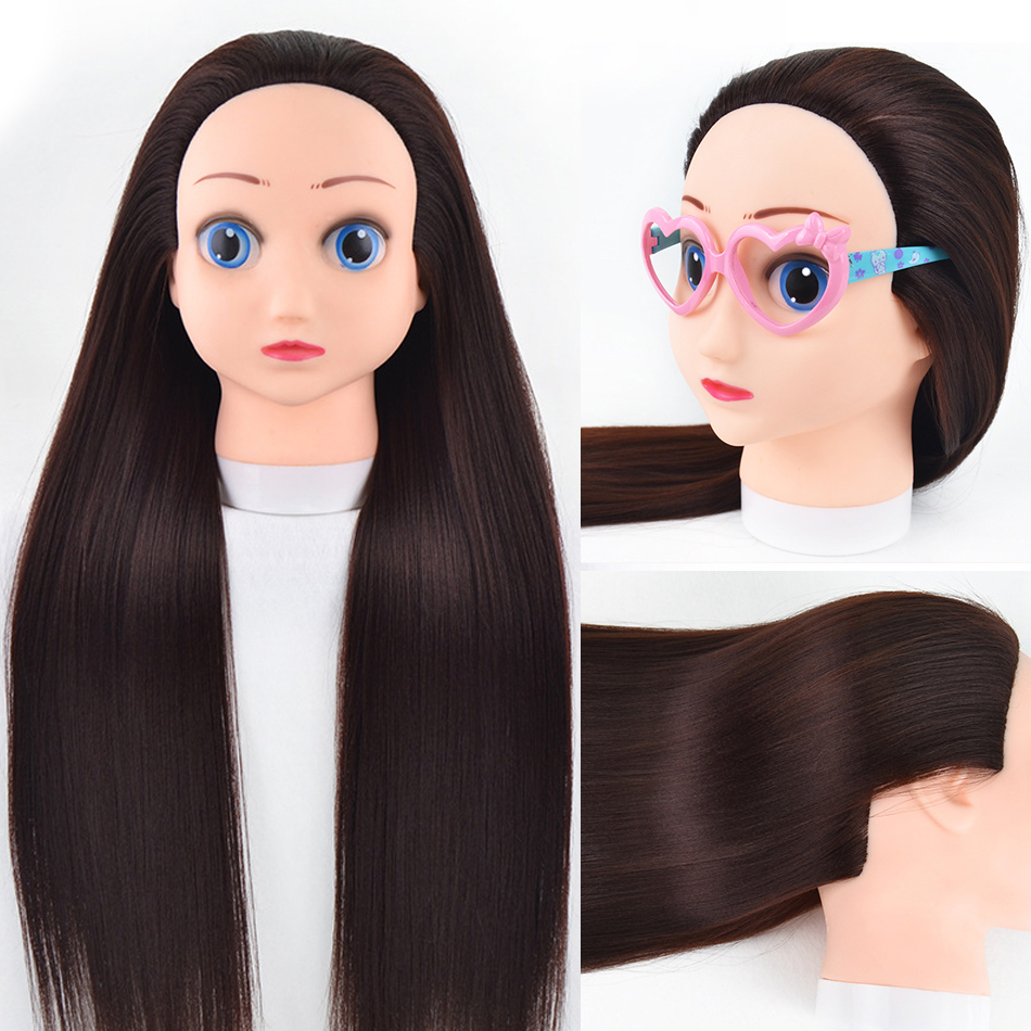 Female 3D Blue Eye Blonde Gold Human Hair Mix Synthetic Curl Training Styling Head Mannequin Doll: Dark Grey