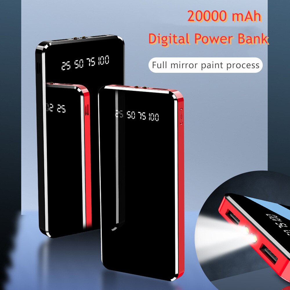 Floveme Draagbare Mini Power Bank Voor Xiaomi Mi Iphone 20000Mah Spiegel Led Digitale Display Powerbank Voor Iphone Samsung Xiaomi mi