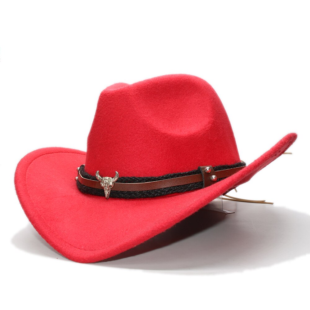 Large Plus 61cm Retro Women Men Wool Wide Brim Cowboy Western Cowgirl Hat Funeral Formal Fedora Cap Bull Head Oxhead Braid Band: Red