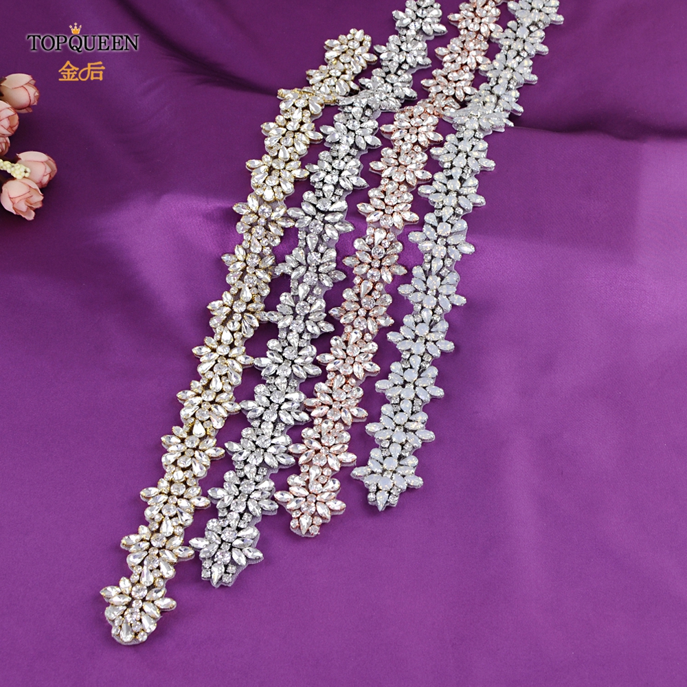 TOPQUEEN (1pc) s269 Braut Hochzeit Silber Strass Applikationen Gürtel Rose Gold Kristall Perlen Patch Eisen auf für Hochzeit Kleider