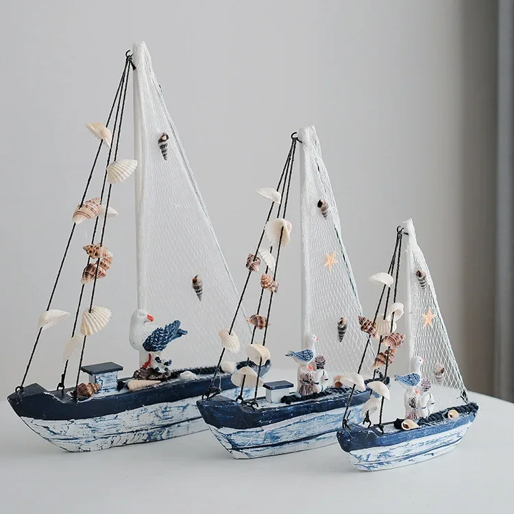 Mediterrane Stijl Woonaccessoires Blauw Wit Schelp Zeilboot Model Decoratie Mini Houten Boot Woonkamer Versiering Ornament Cadeau
