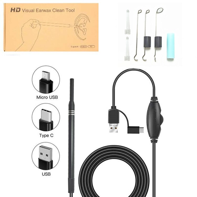 USB Endoscope Ear Cleaning Visual Ear Spoon 5.5mm 0.3MP Mini Camera Android PC Otoscope Borescope Health Care Tool otoscope: NKJ-black