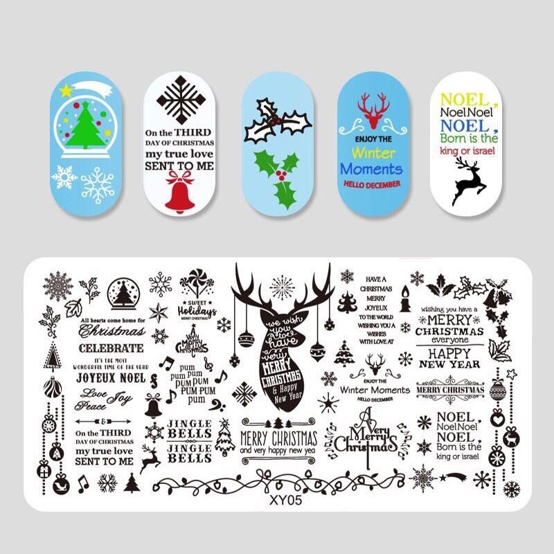 Kerst Nail Stempelen Plaat Sneeuw Kerstman Patroon Ectangle Nail Art Stamp Template Nail Stencil