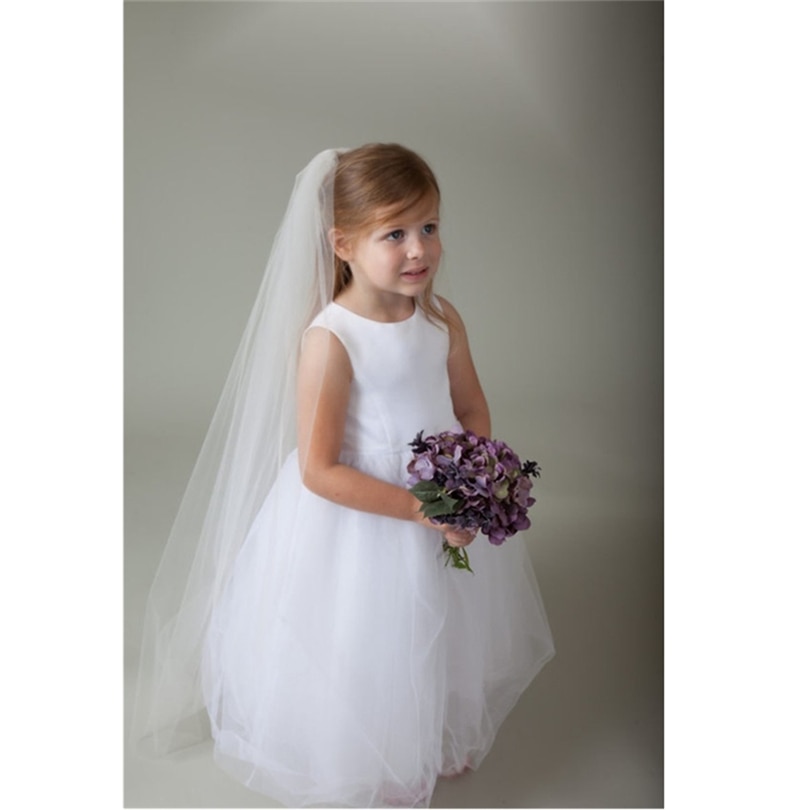 Velos largos de la Primera Comunión de las muchachas de la flor de la boda de 1,2 m con el peine una capa de tul niños velos de velo de Novia