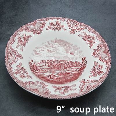 De gamle britiske slotte lyserød middag sæt europæisk stil middag keramik morgenmad tallerken okseretter dessert fad suppe skål: 9 tommer suppe plade