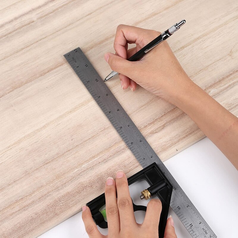 300mm Adjustable Stop Angle with Spirit Level for 45/90 Degree Measurements Ruler Mechanical Pencil with 10 Refill