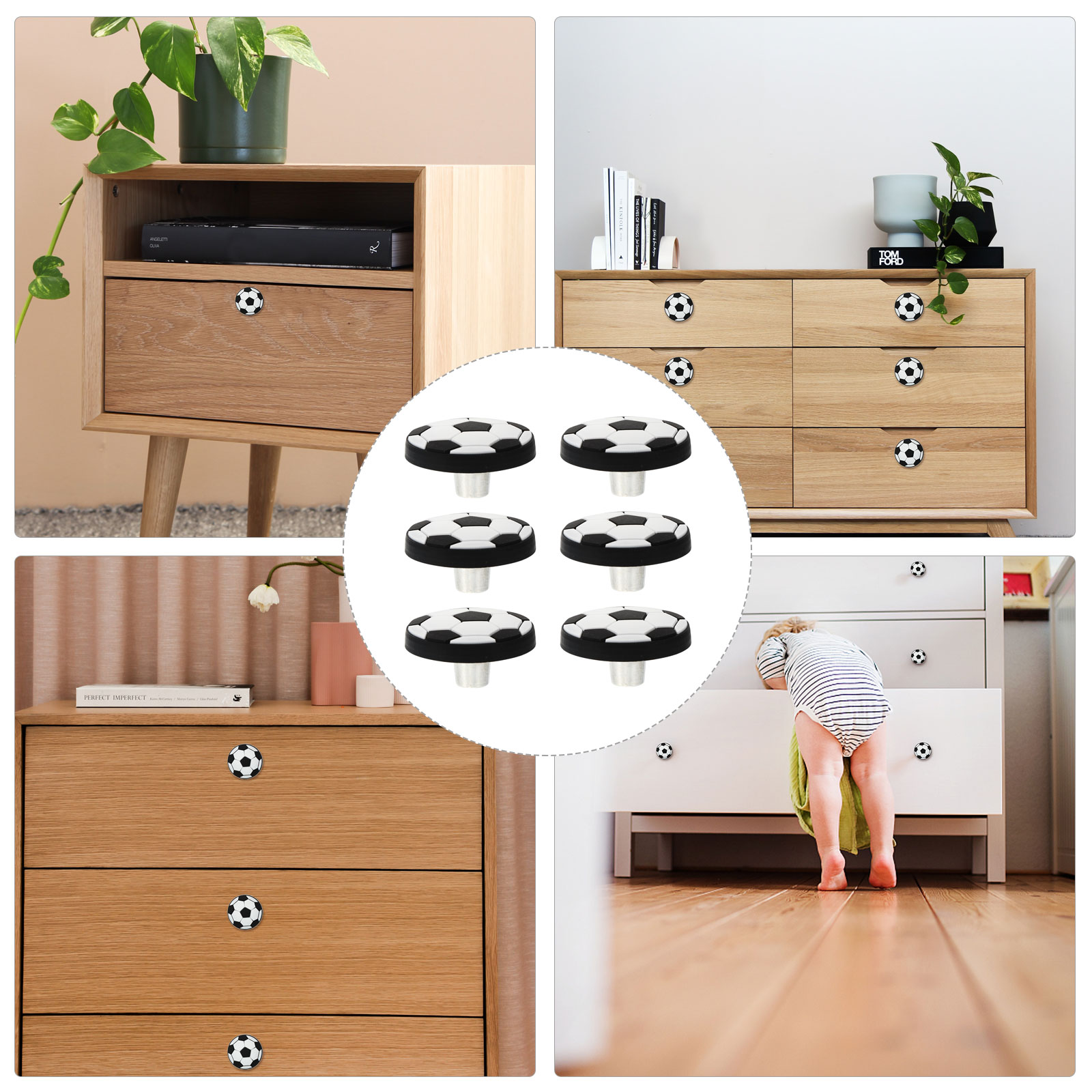 6 stk. fodbold skuffegreb børnekommode sorte gummigarderobegreber skabsgreb kollisionssikre knopper dørbeslag