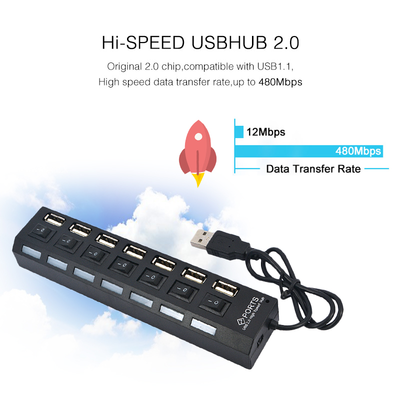 Multi 7 port usb hub 2.0 adapter 7 porte hub usb tænd/sluk-knap bærbar usb splitter højhastigheds til computer laptop nyeste