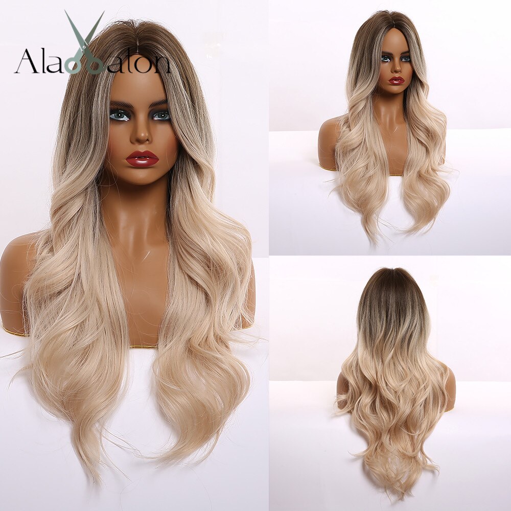 Alan eaton ombre svart brun platina blond peruk mittdel syntetiskt hår långa vågiga peruker för svarta kvinnor cosplay värmebeständig: Lc307-1
