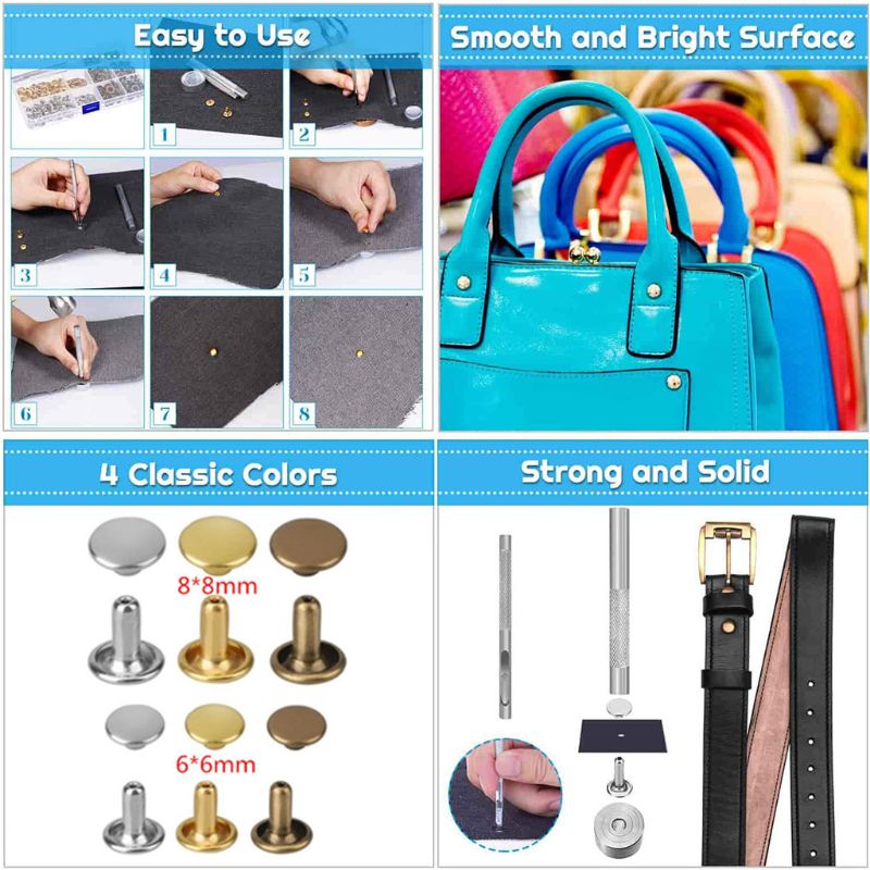 Leather Rivets Kit, 180 Sets Double Cap Brass Rivets Leather Studs with Setting Tools for Leather Repair and Crafts